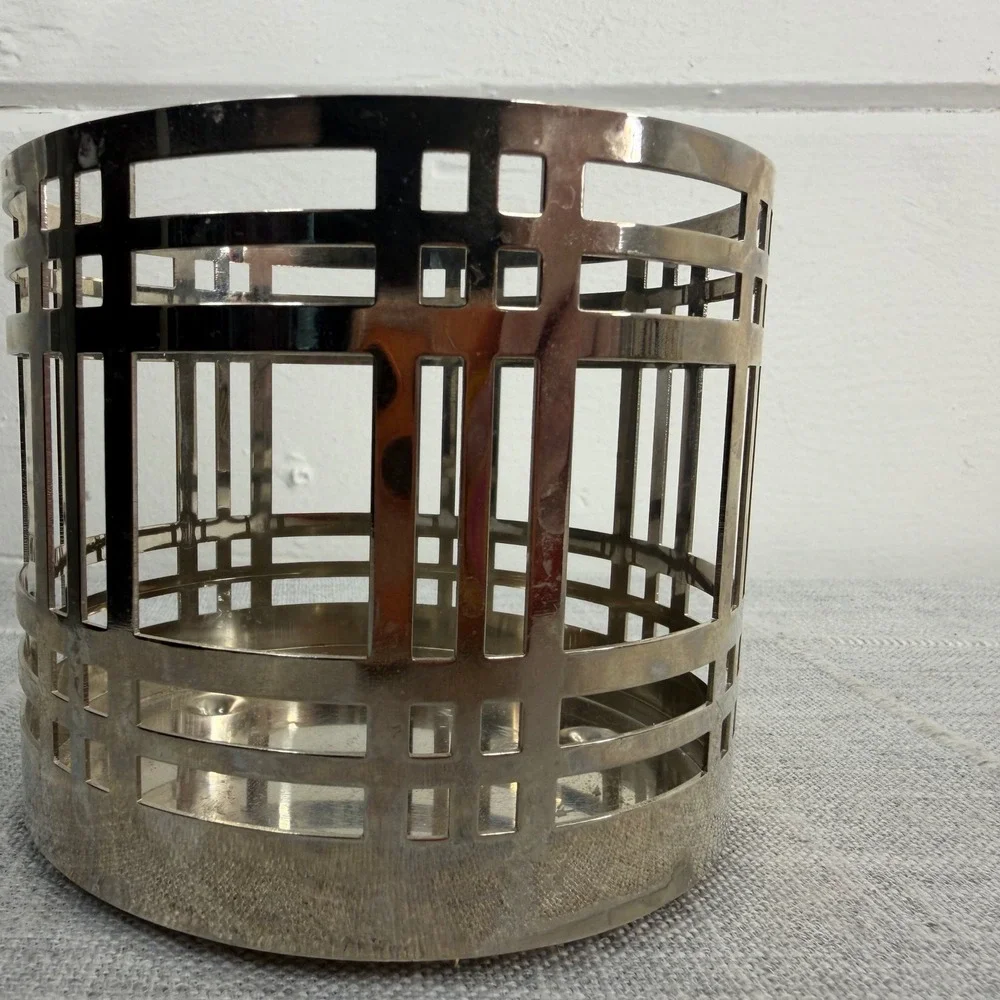 Bath and Body Works 3 Wick Candle Holder Silver Plaid Stripes Minimalist Preppy